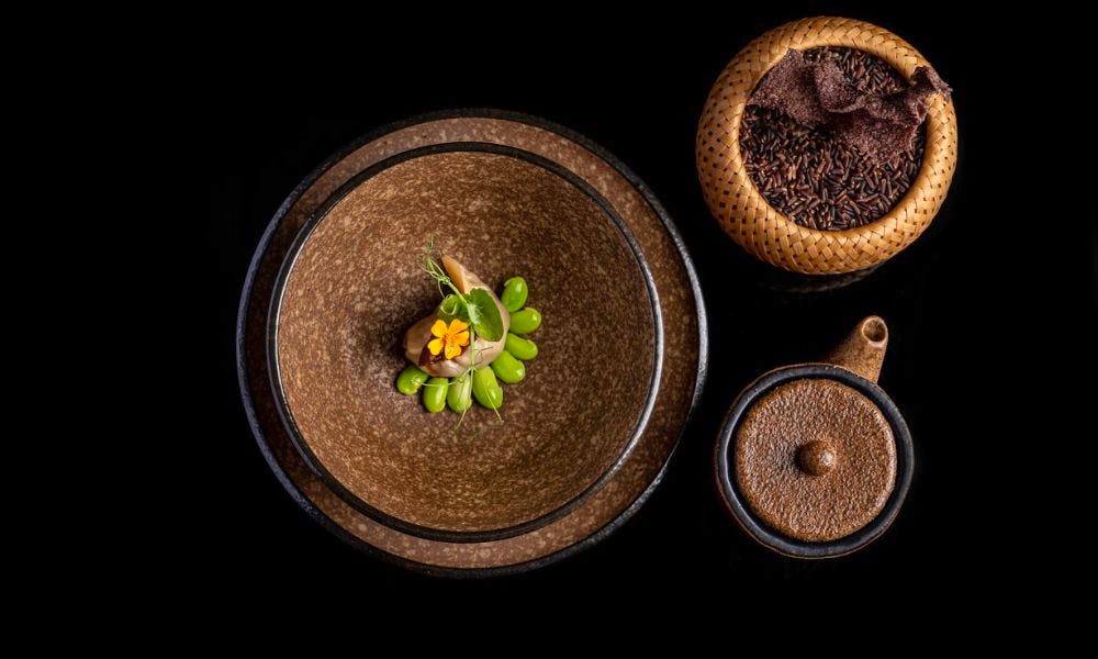 A dark and moody shot of three stylish plates of food on brown crockery