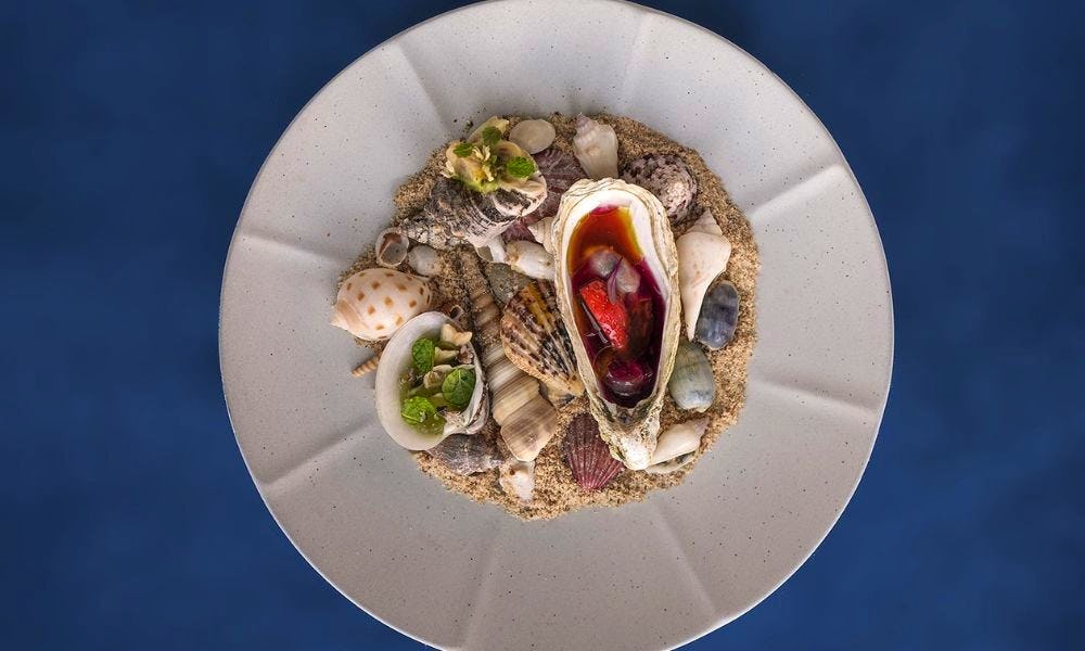 A blue background with a plate on it covered in sand and seashells with an oyster in the middle