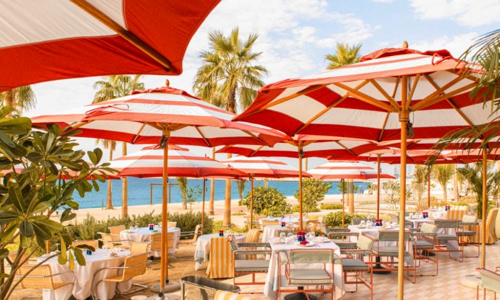 Red and white sun umbrellas