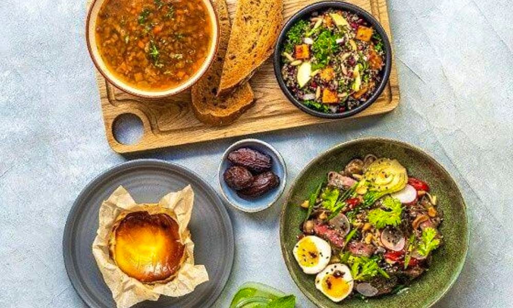 Plates and board on surface